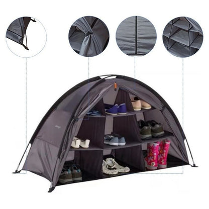Campingförvaring med hyllor och väska