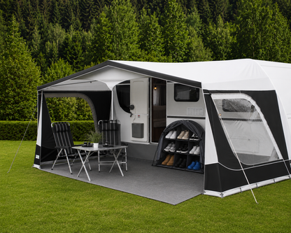 Campingförvaring med hyllor och väska