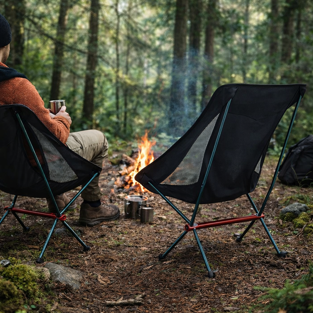 Hopfällbar campingstol med fotstöd