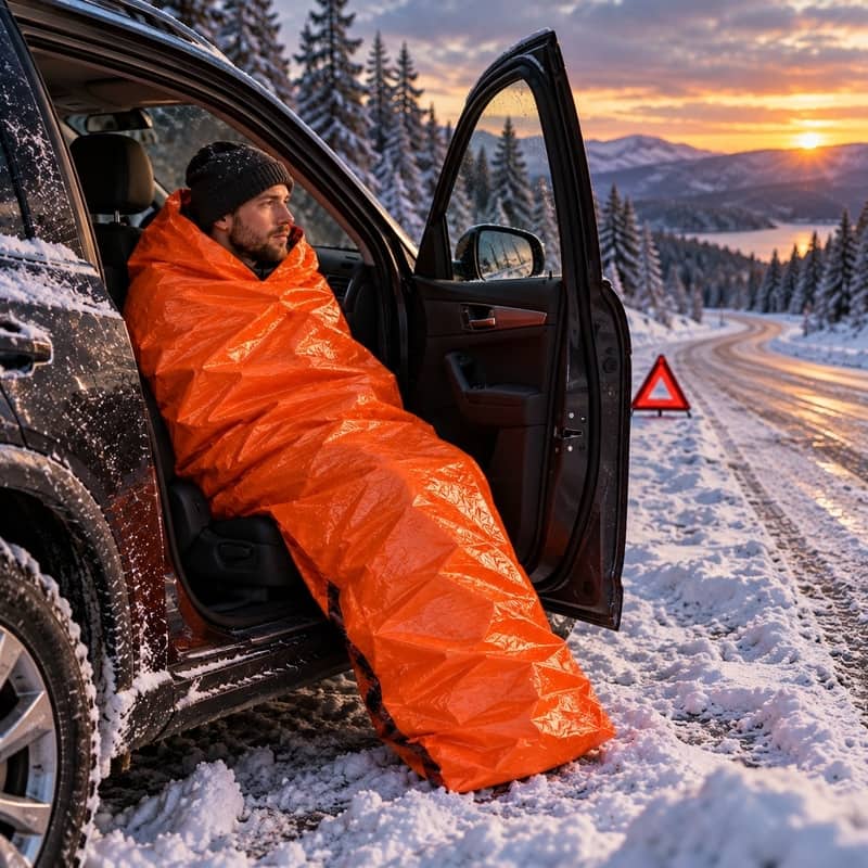 Nödsovsäck med värmereflekterande material