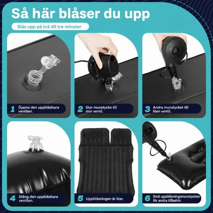 Uppblåsbar bilsäng för baksäte med pump och kuddar