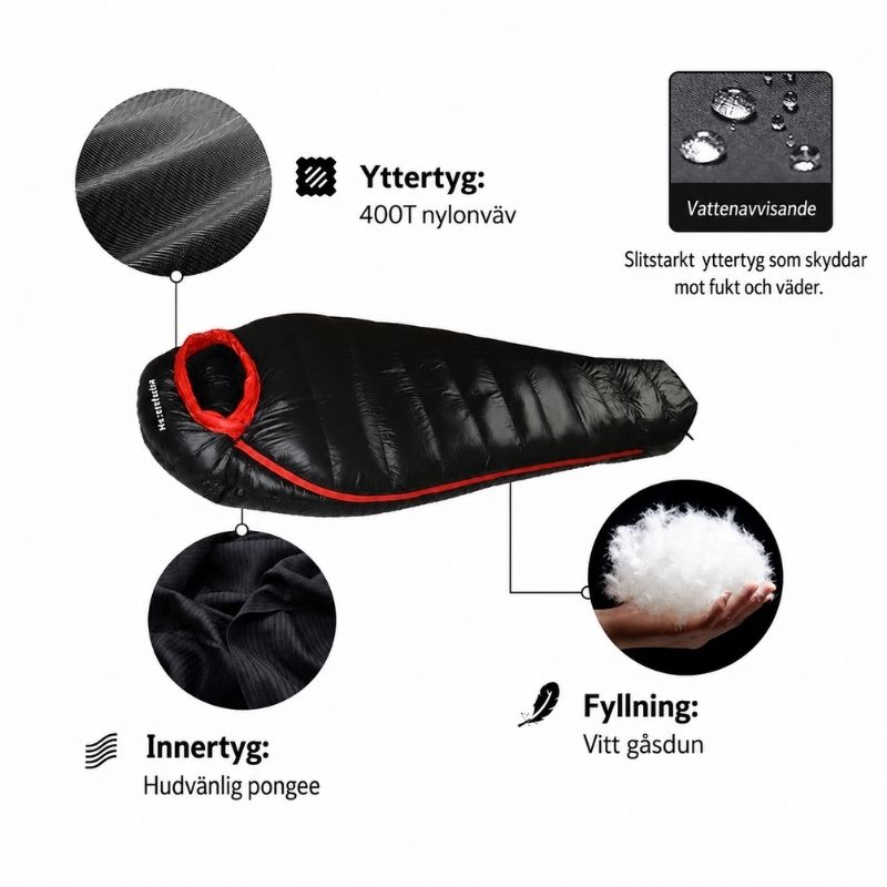 Vintersovsäck i gåsdun för camping och vandring